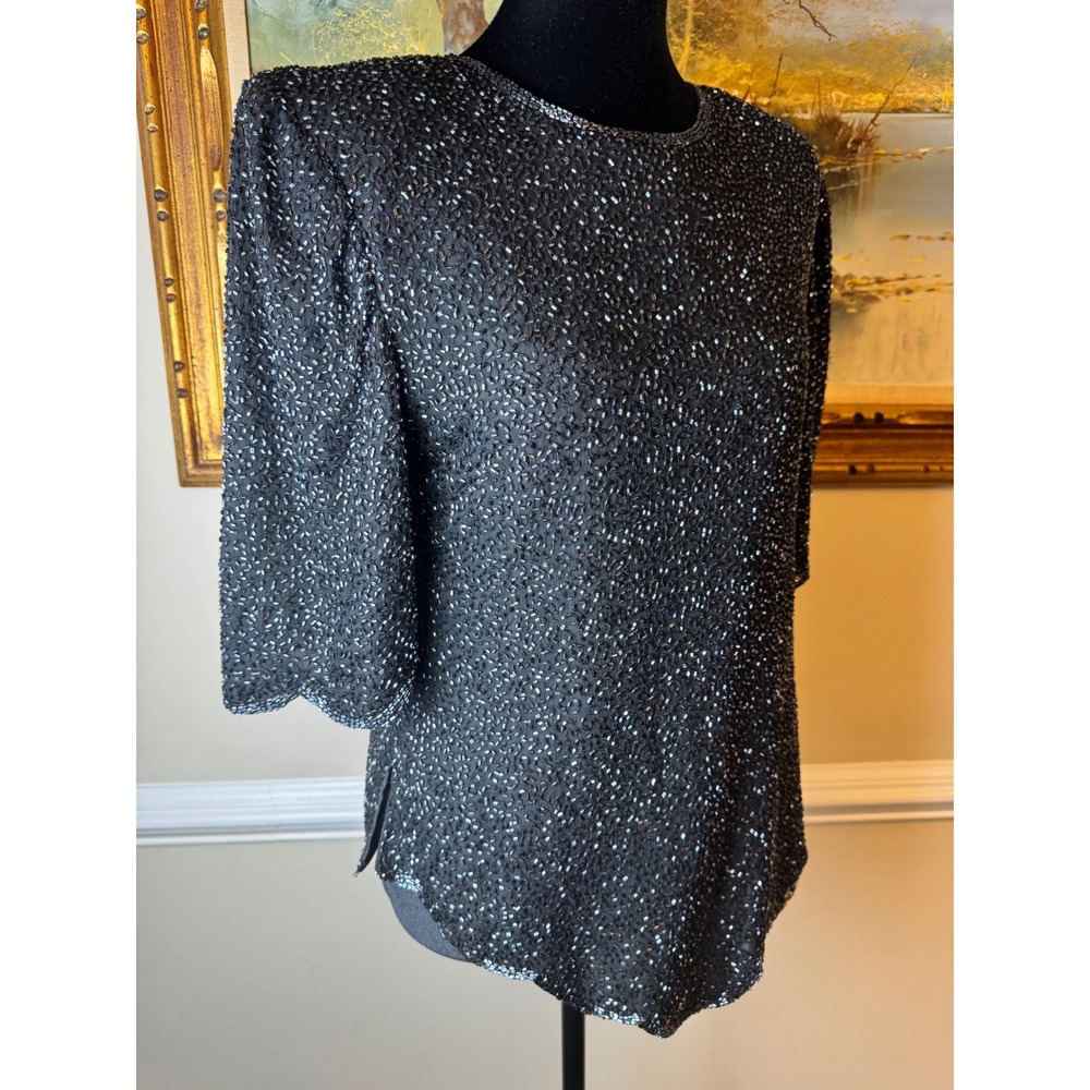 Vintage Black Beaded Silk Blouse 80s Evening Top Shoulder Pads Sz S Mob Wife